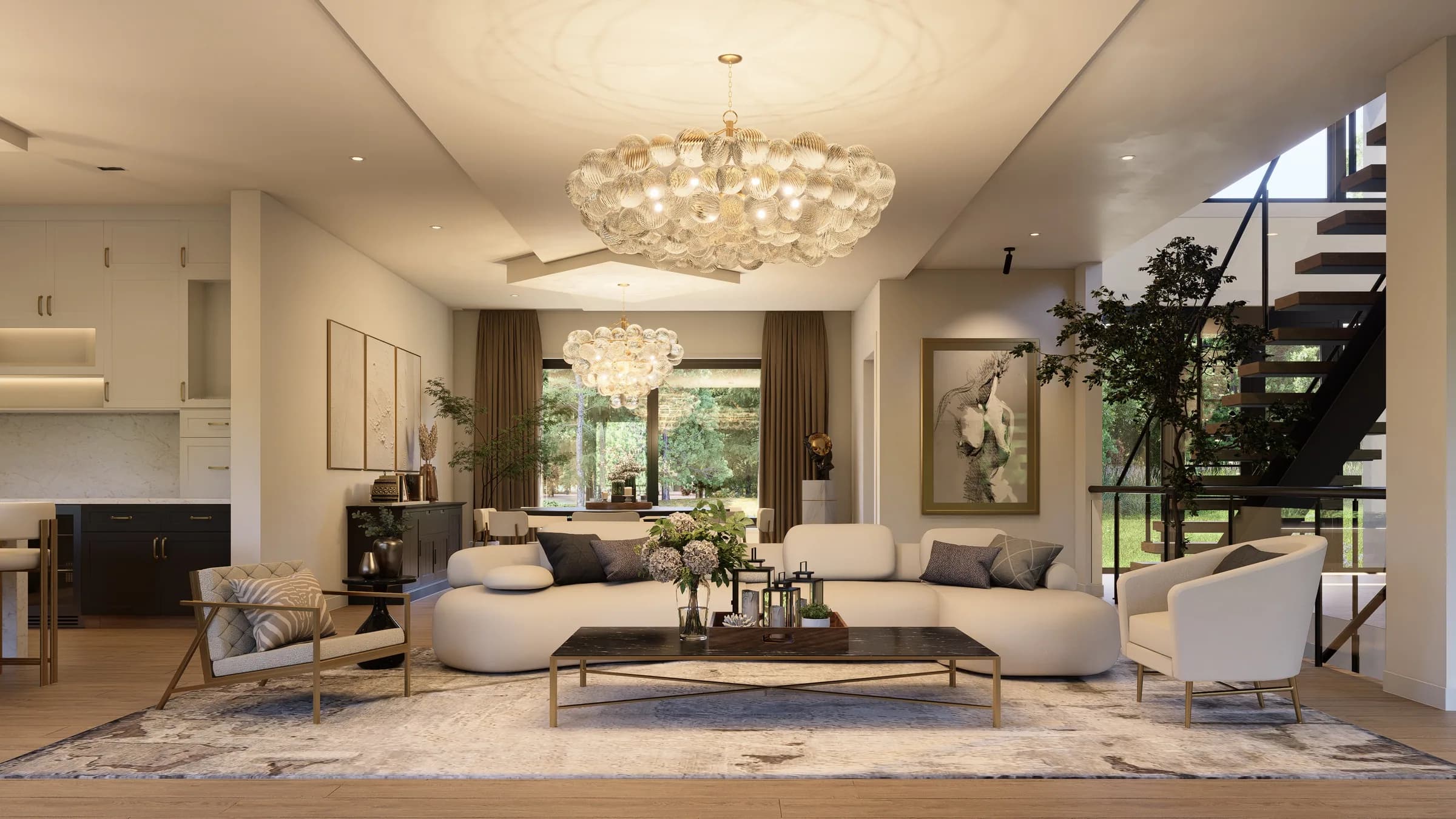 Open great room with floor-to-ceiling windows